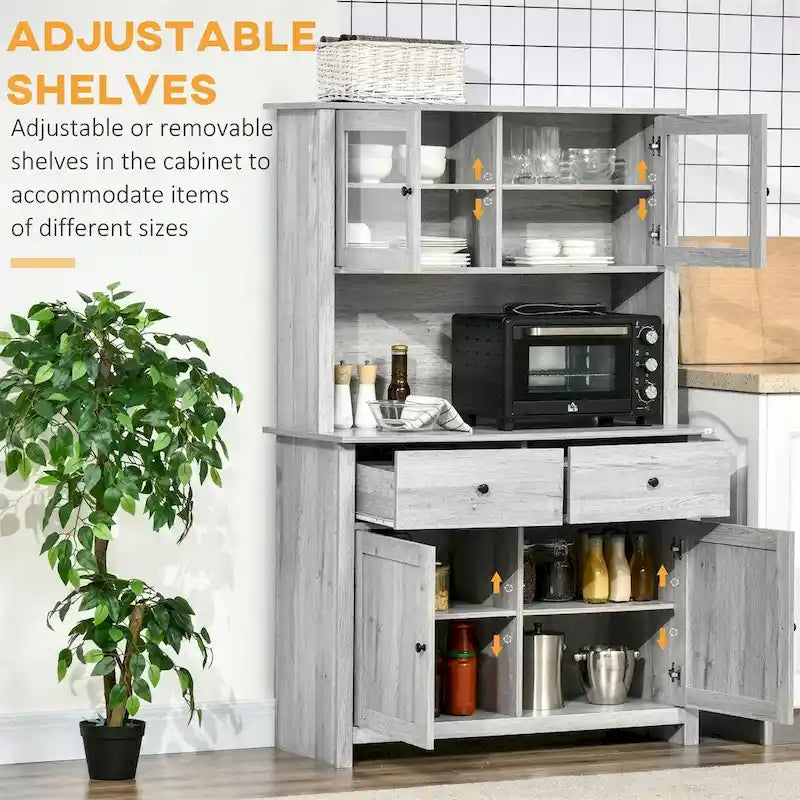 Glass Doors Kitchen Buffet with Hutch and Drawers - N/A
