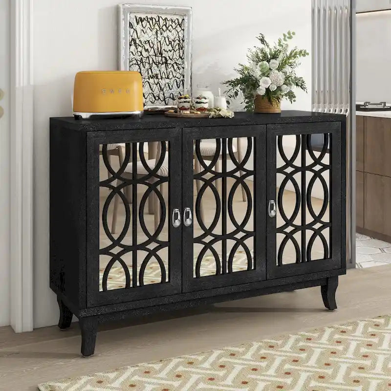 3 Door Mirrored Buffet Cabinet with Silver Handle for Living room and Dining