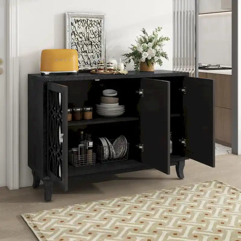 3 Door Mirrored Buffet Cabinet with Silver Handle for Living room and Dining