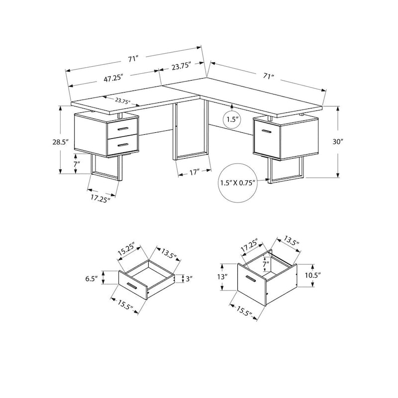 71 Grey L-Shape Computer Desk With Three Drawers