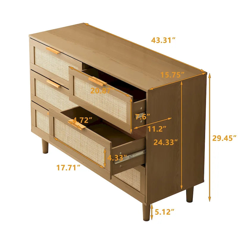 Accent Storage Cabinet 6-drawers Rattan dresser Rattan Drawer