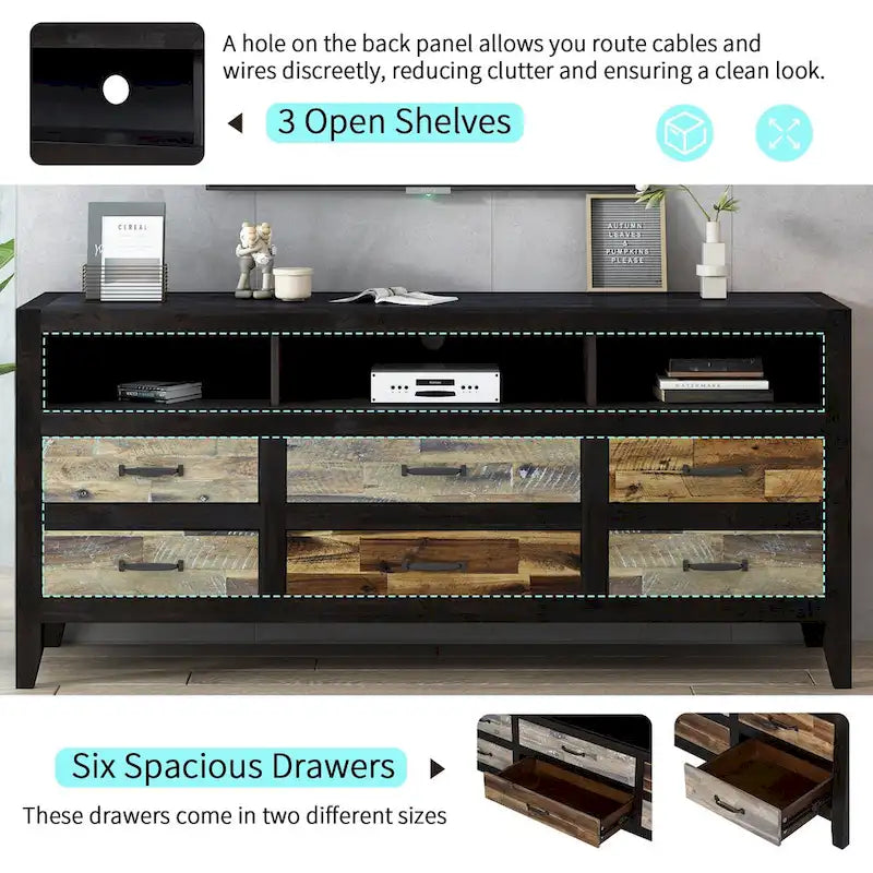 Retro Distressed Wooden TV Stand for TVs up to 65 Inches, Entertainment Center Media Console with 6 Drawers and 3 Shelves