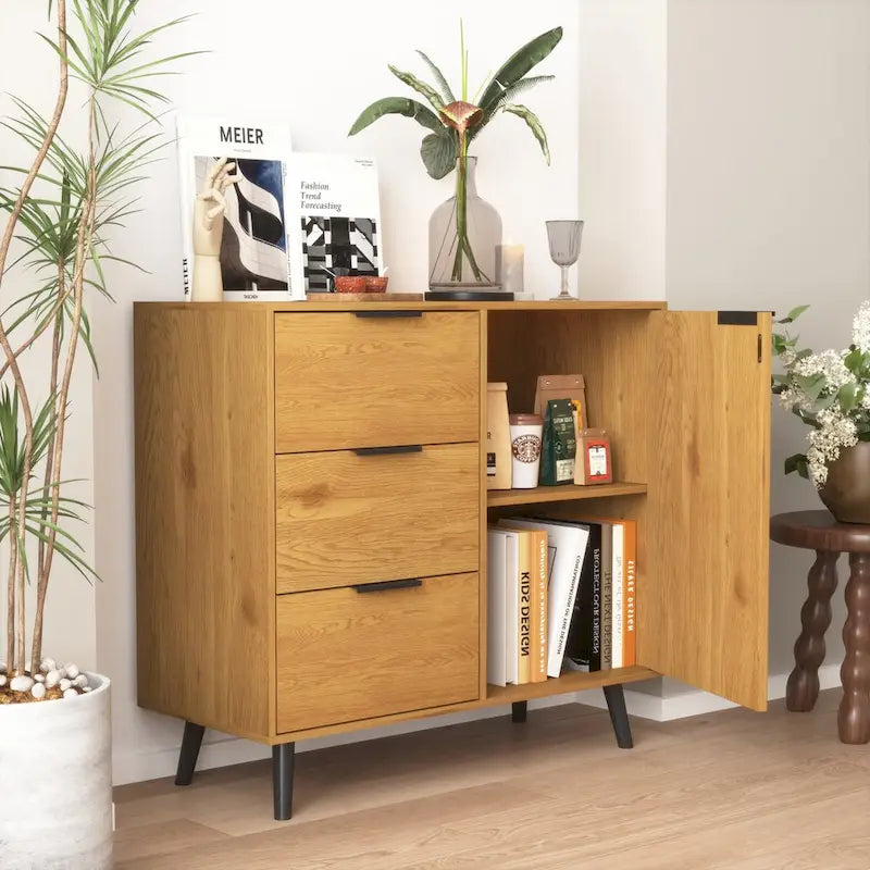Storage Cabinet with 3 Drawers & Adjustable Shelf, Mid Century Cabinet with Door, Accent Cabinet, Natural Wood Color