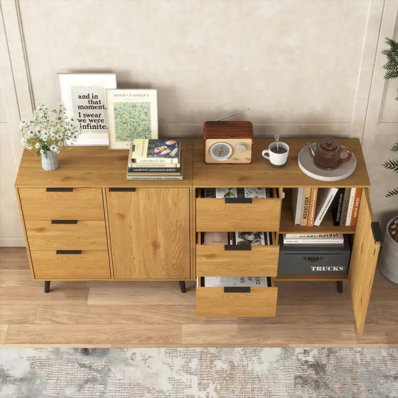Storage Cabinet with 3 Drawers & Adjustable Shelf, Mid Century Cabinet with Door, Accent Cabinet, Natural Wood Color