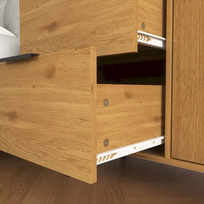 Storage Cabinet with 3 Drawers & Adjustable Shelf, Mid Century Cabinet with Door, Accent Cabinet, Natural Wood Color