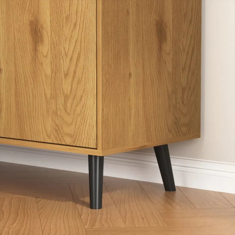 Storage Cabinet with 3 Drawers & Adjustable Shelf, Mid Century Cabinet with Door, Accent Cabinet, Natural Wood Color