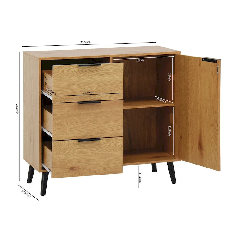 Storage Cabinet with 3 Drawers & Adjustable Shelf, Mid Century Cabinet with Door, Accent Cabinet, Natural Wood Color