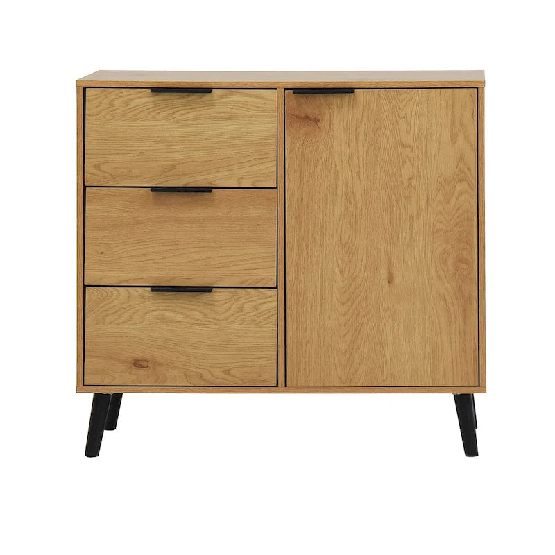 Storage Cabinet with 3 Drawers & Adjustable Shelf, Mid Century Cabinet with Door, Accent Cabinet, Natural Wood Color