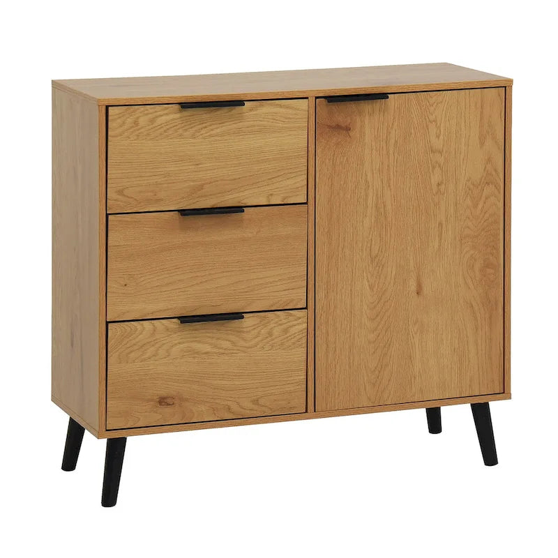Storage Cabinet with 3 Drawers & Adjustable Shelf, Mid Century Cabinet with Door, Accent Cabinet, Natural Wood Color