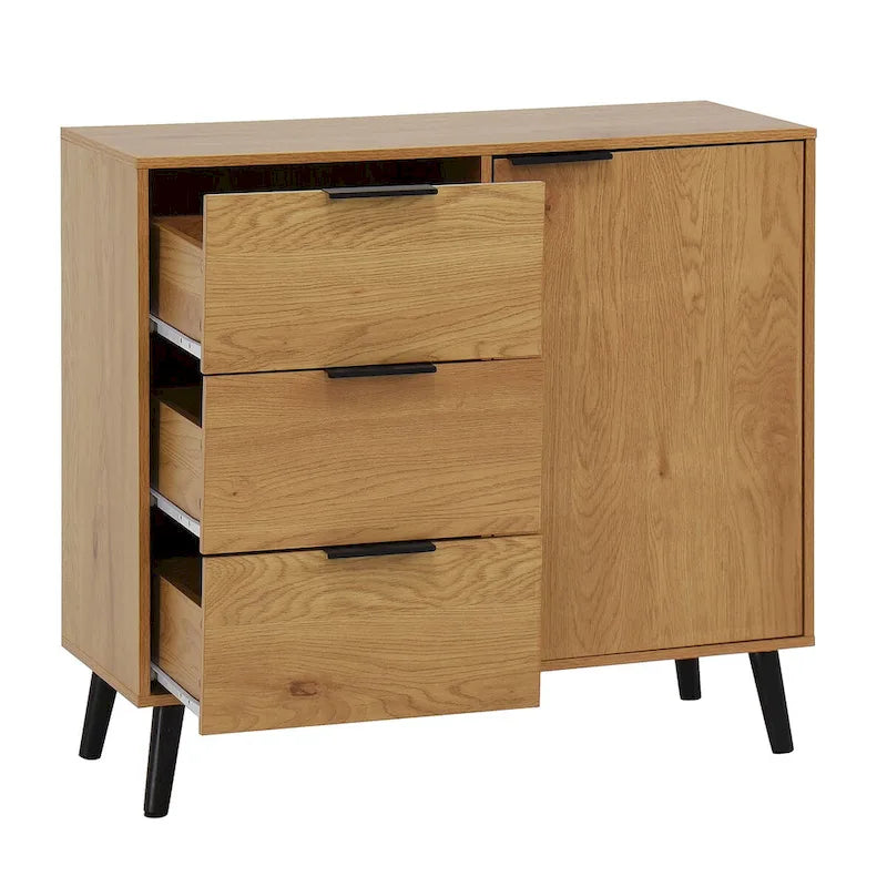 Storage Cabinet with 3 Drawers & Adjustable Shelf, Mid Century Cabinet with Door, Accent Cabinet, Natural Wood Color