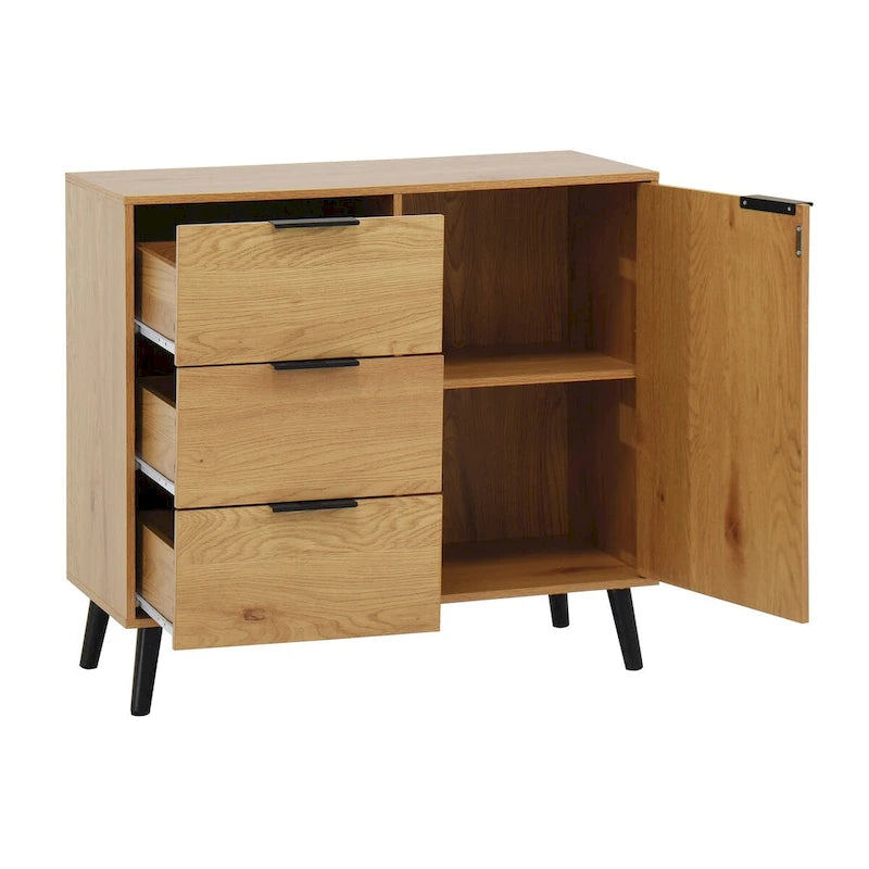 Storage Cabinet with 3 Drawers & Adjustable Shelf, Mid Century Cabinet with Door, Accent Cabinet, Natural Wood Color