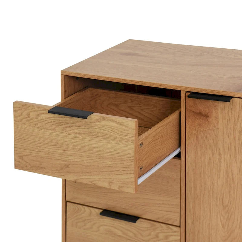 Storage Cabinet with 3 Drawers & Adjustable Shelf, Mid Century Cabinet with Door, Accent Cabinet, Natural Wood Color