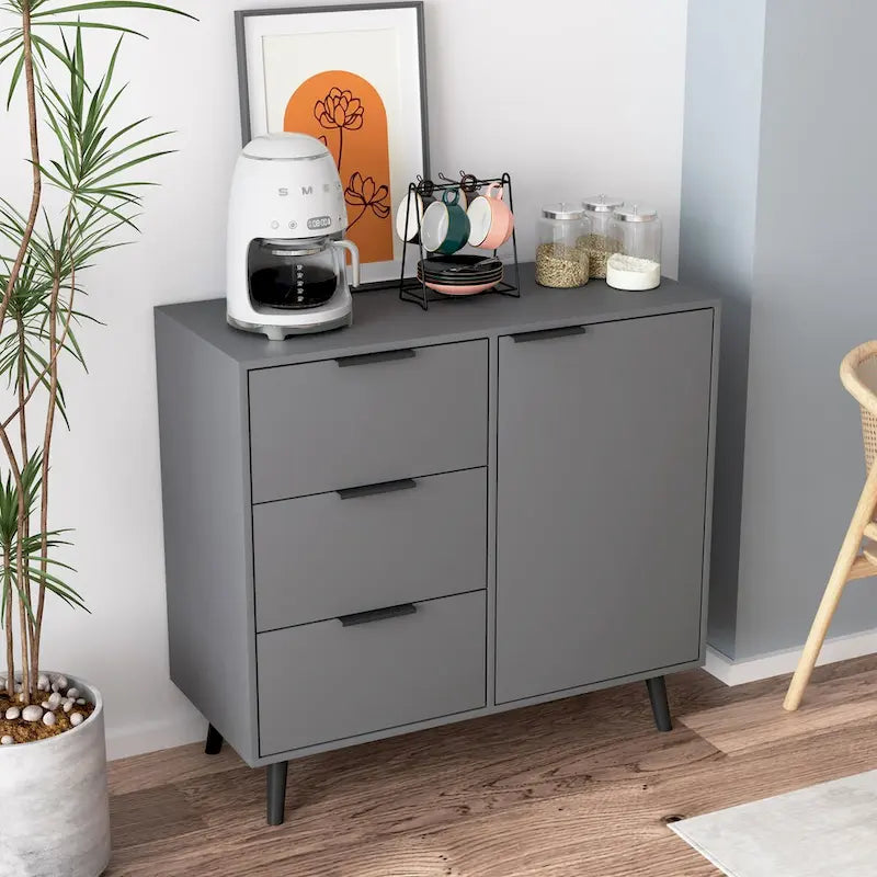 Storage Cabinet with 3 Drawers & Adjustable Shelf, Mid Century Cabinet with Door, Accent Cabinet, Natural Wood Color