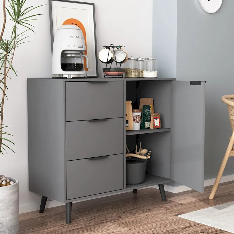 Storage Cabinet with 3 Drawers & Adjustable Shelf, Mid Century Cabinet with Door, Accent Cabinet, Natural Wood Color