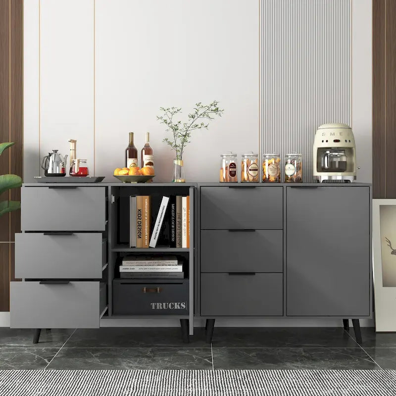 Storage Cabinet with 3 Drawers & Adjustable Shelf, Mid Century Cabinet with Door, Accent Cabinet, Natural Wood Color