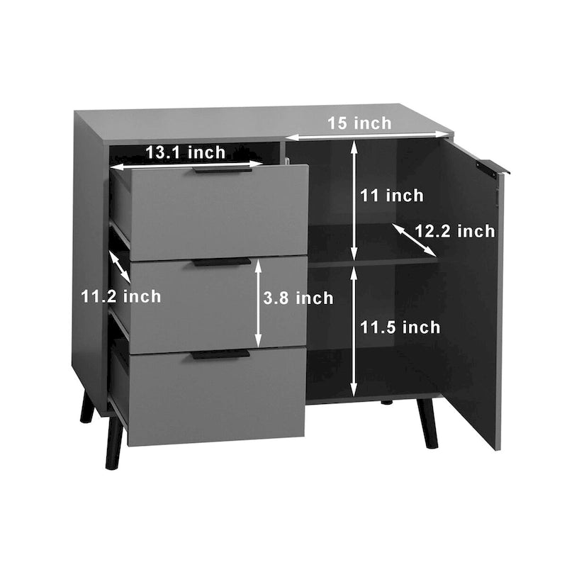 Storage Cabinet with 3 Drawers & Adjustable Shelf, Mid Century Cabinet with Door, Accent Cabinet, Natural Wood Color