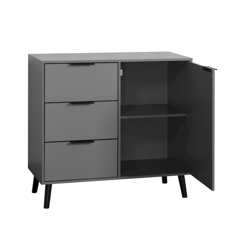 Storage Cabinet with 3 Drawers & Adjustable Shelf, Mid Century Cabinet with Door, Accent Cabinet, Natural Wood Color