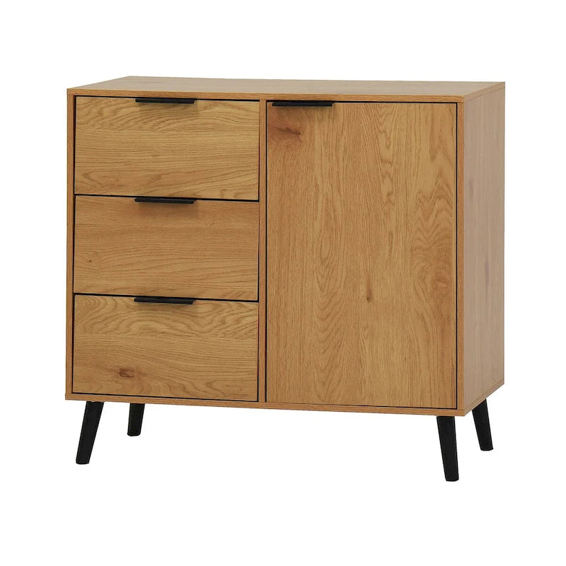 Storage Cabinet with 3 Drawers & Adjustable Shelf, Mid Century Cabinet with Door, Accent Cabinet, Natural Wood Color
