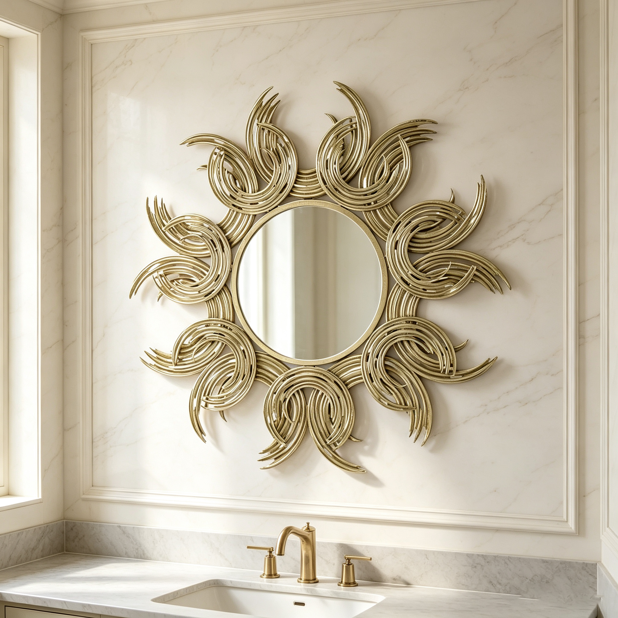 Miroir d'appoint rond Soleil doré abstrait encadré de fer